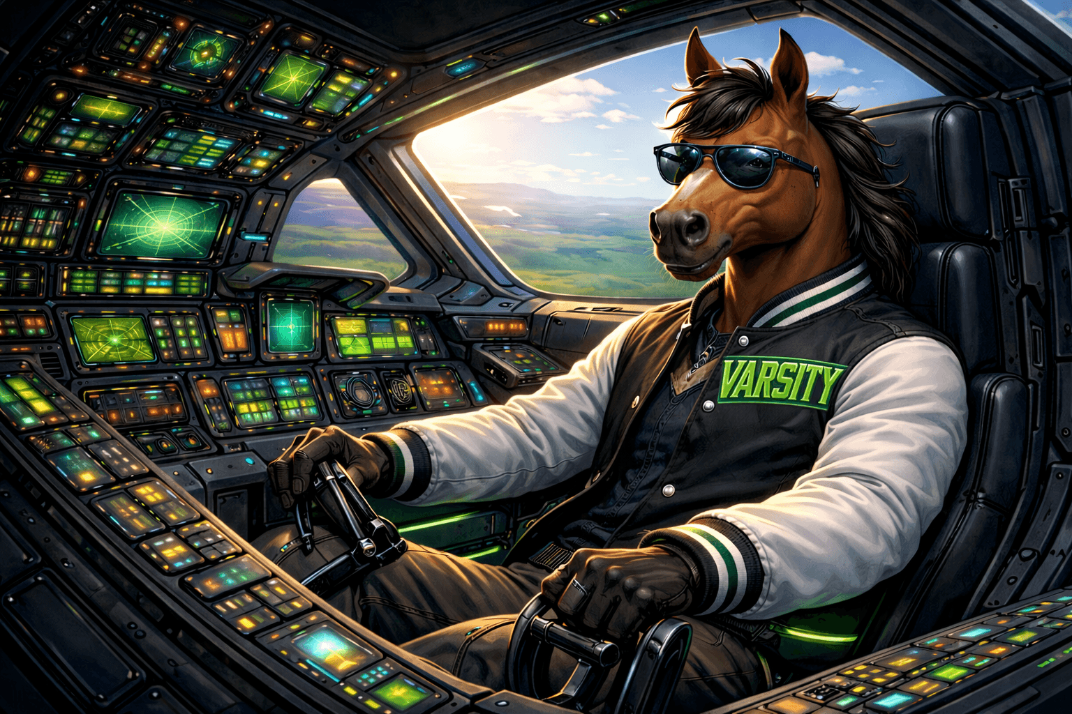 Varsity Data horse mascot in cockpit